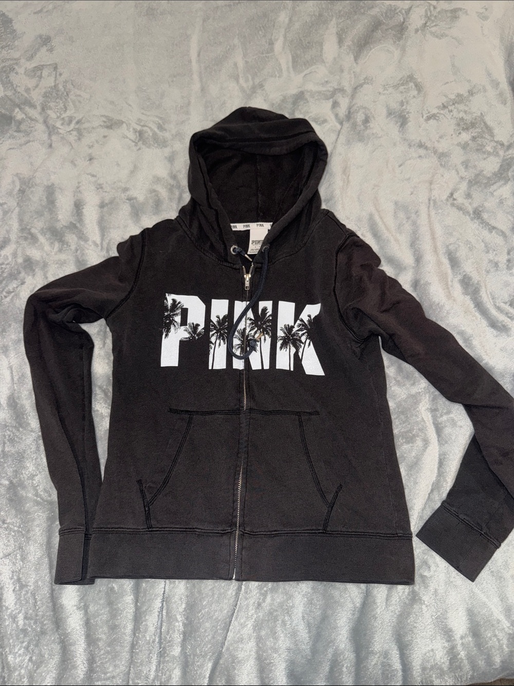 PINK Victoria's Secret Black Zip-Up Hoodie with White Palm Logo